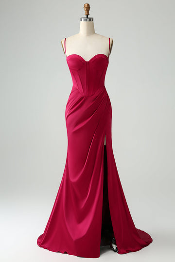 Borgogna Sirena Spaghetti Straps Lungo Corsetto Abito Da Cerimonia con Fessura